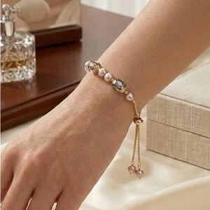 Elegant Rose Pearl and Smokey Quartz Adjustable Bolo Bracelet